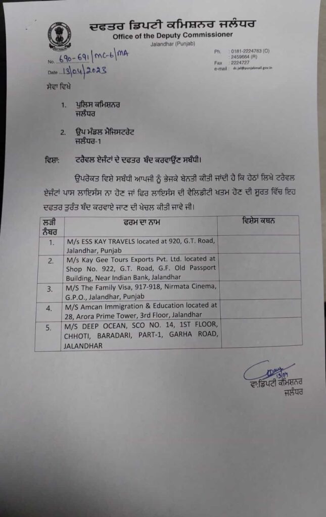जालंधर के इन पांच ट्रैंवल एजैंटों के दफ्तर को बंद करने के आदेश, डीसी ने पुलिस कमिश्नर को भी लिखा पत्र,